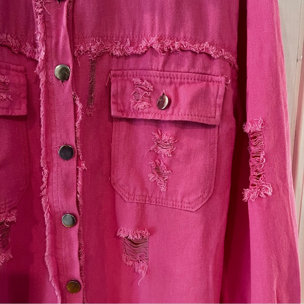 Denim Pink Women's Ripped
Distressed Jacket Drop Shoulder Small Oversized NWOT - Picture 3 of 9